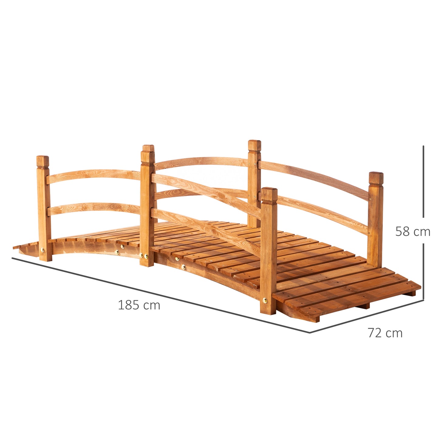 6FT Wooden Garden Bridge with Safety Railings, Classic Arc Footbridge for Stream Pond Walkway, Orange