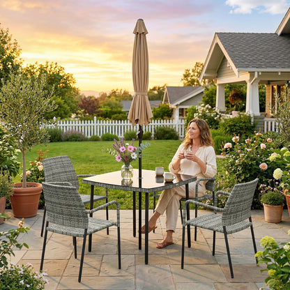 4 Seater Rattan Dining Set with Parasol, 6 Piece Garden Table and Stackable Chairs with Tempered Glass Tabletop