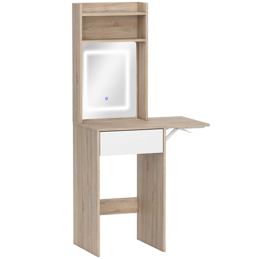 Small Vanity Desk with Mirror and LED Lights, Compact Dressing Table with Drop Leaf, Open Shelves, Natural Wood