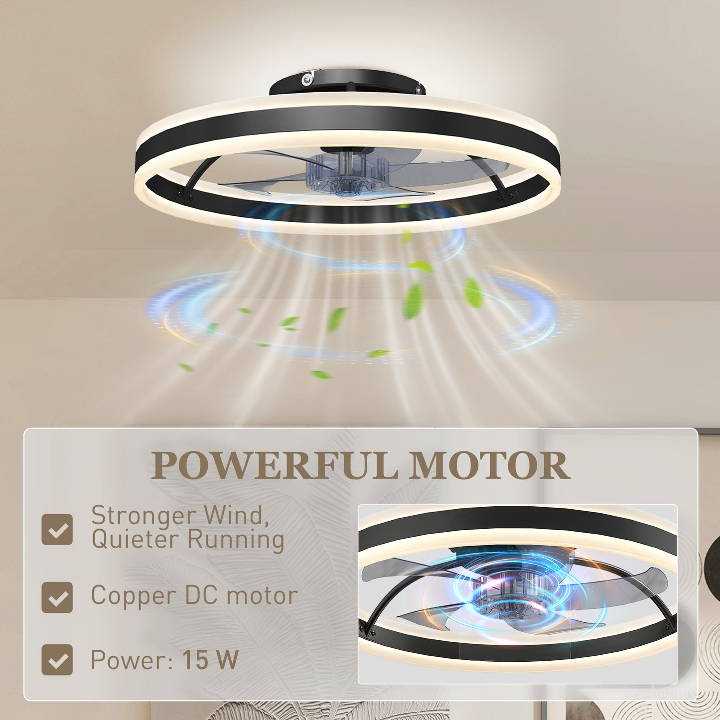 Ceiling Fan with Light and Remote, LED Mount Ceiling Fan with 3 Colour Temperatures, 6 Speed, 50 cm, Black