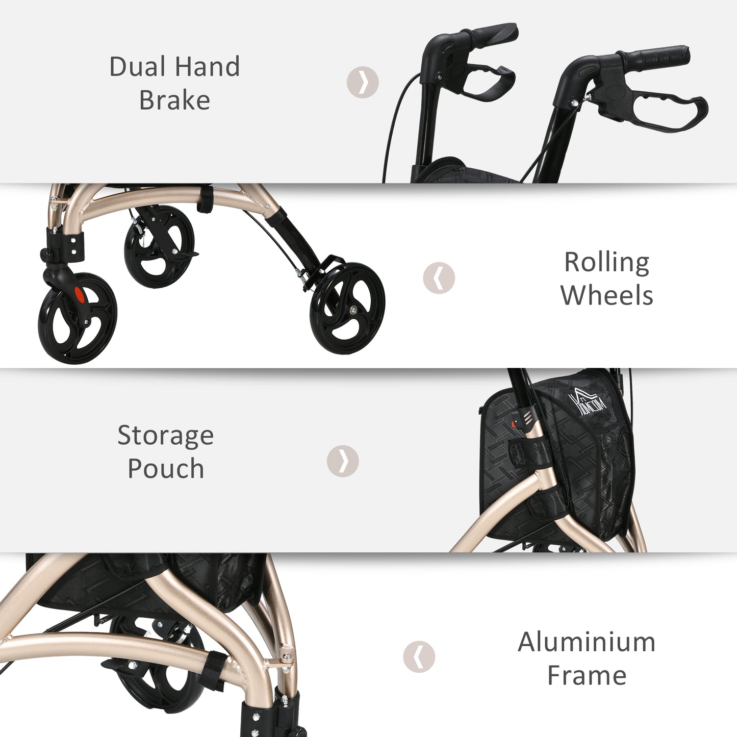 3 Wheel Rollator, Lightweight Aluminium Tri Walker with Adjustable Handle, Storage Bag and Dual Brakes, 5.3kg, Gold Tone