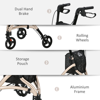 3 Wheel Rollator, Lightweight Aluminium Tri Walker with Adjustable Handle, Storage Bag and Dual Brakes, 5.3kg, Gold Tone