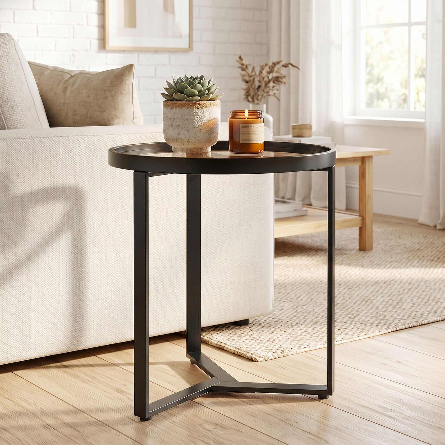 Round Side Table with Tempered Glass Top and Geometric Metal Frame for Small Space, Black