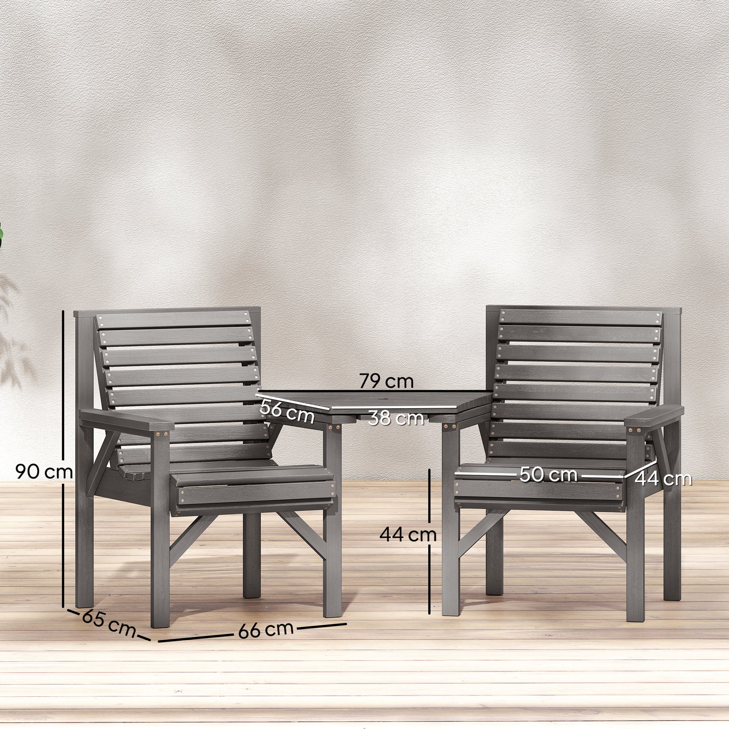 Wooden Garden Bistro Set, 2 Seater Wooden Outdoor Table and Chairs with Parasol Hole for Patio, Light Grey