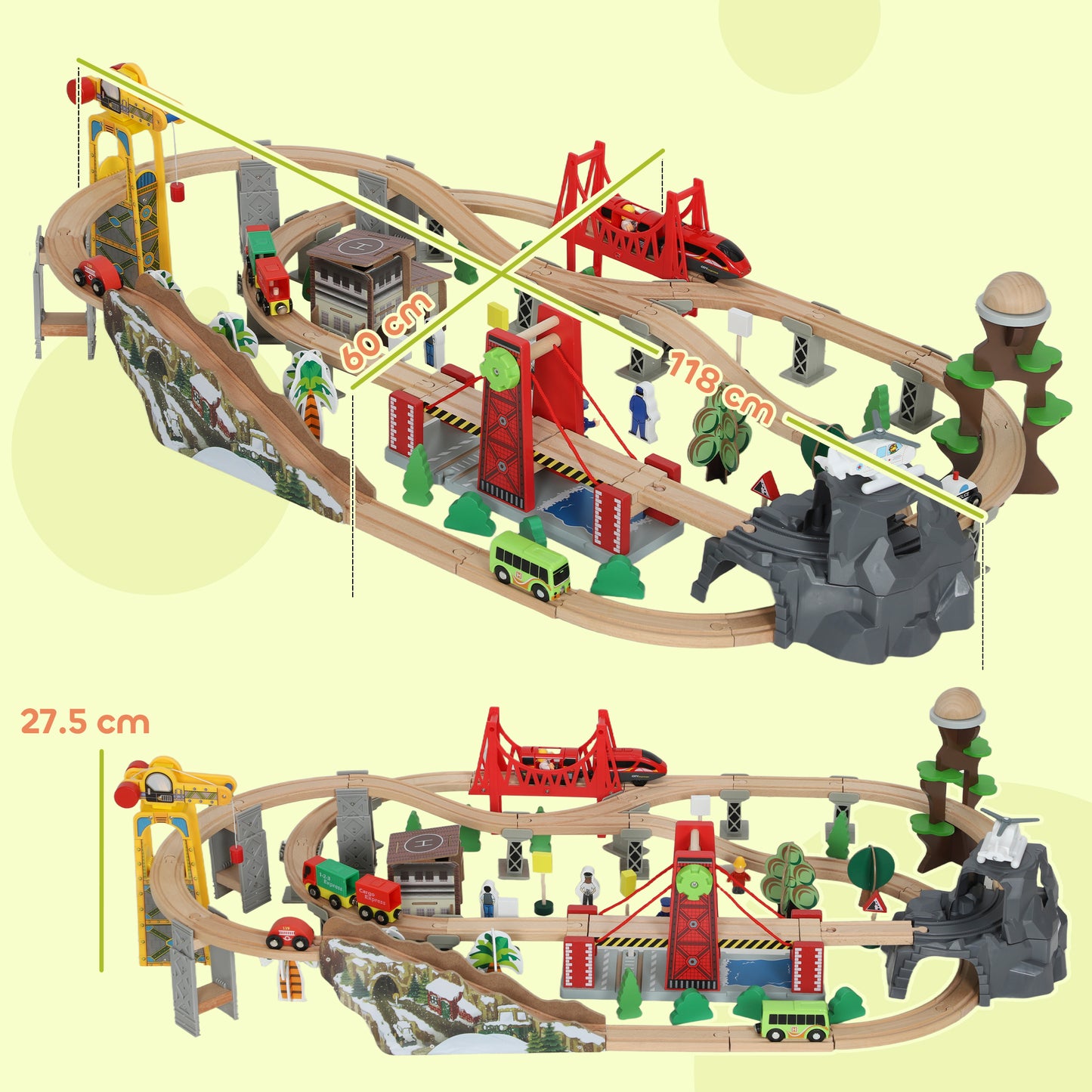 100 Piece Wooden Train Set for Kids 3+ Years with Track, Crane, Battery Operated Train