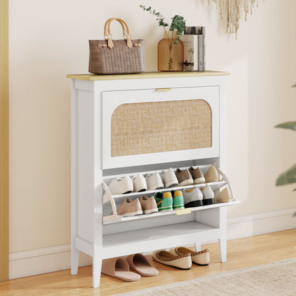 Narrow Shoe Cabinet, Boho Slim Shoe Storage Cabinet with 2 Flip Drawers, Holds 14 Pairs, White