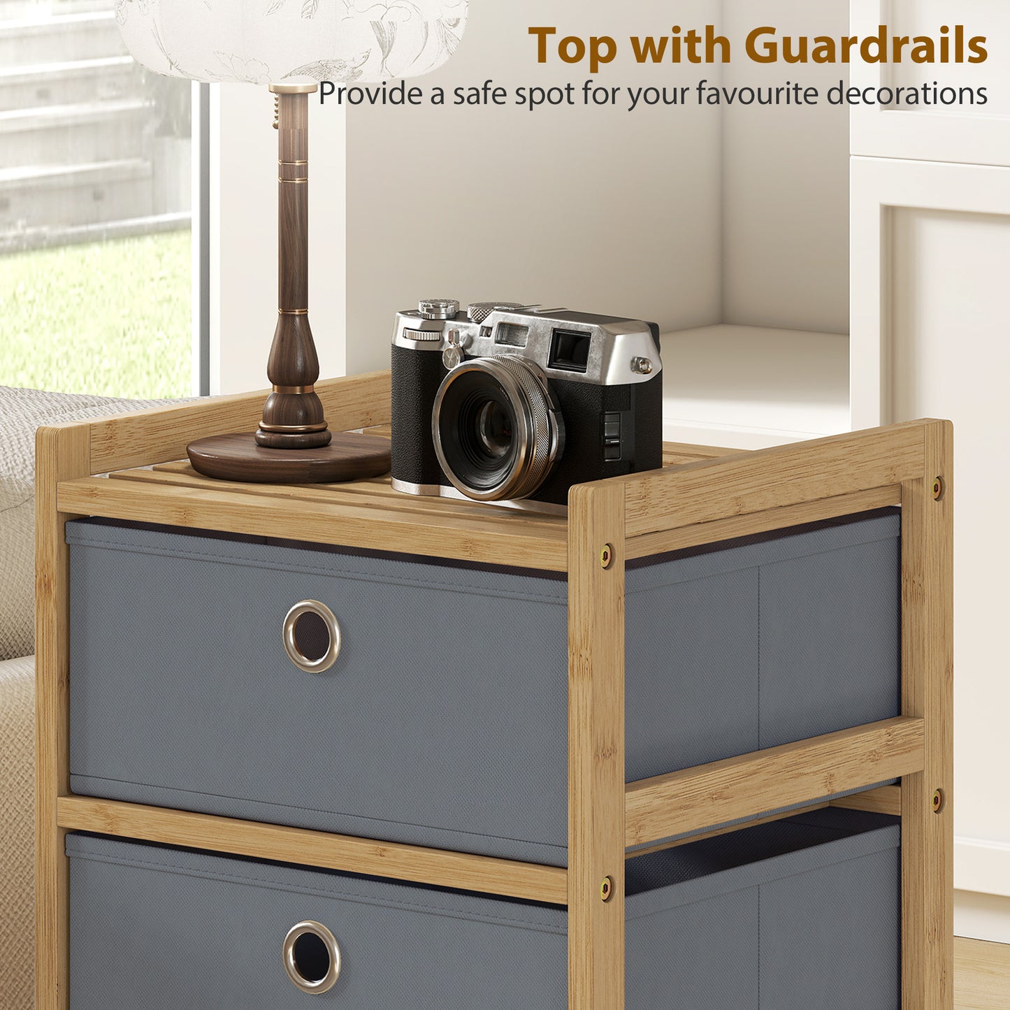 Chest of Drawers, 5 Fabric Drawers Narrow Dresser with Bamboo Frame, Light Grey