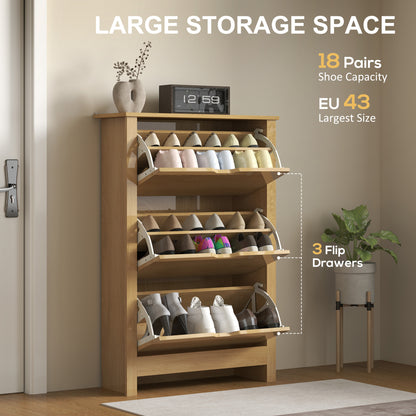 Slim Shoe Cabinet, Narrow Shoe Cupboard with 3 Drawers, Adjustable Shelves for 18 Pairs of Shoes, Natural Wood Finish