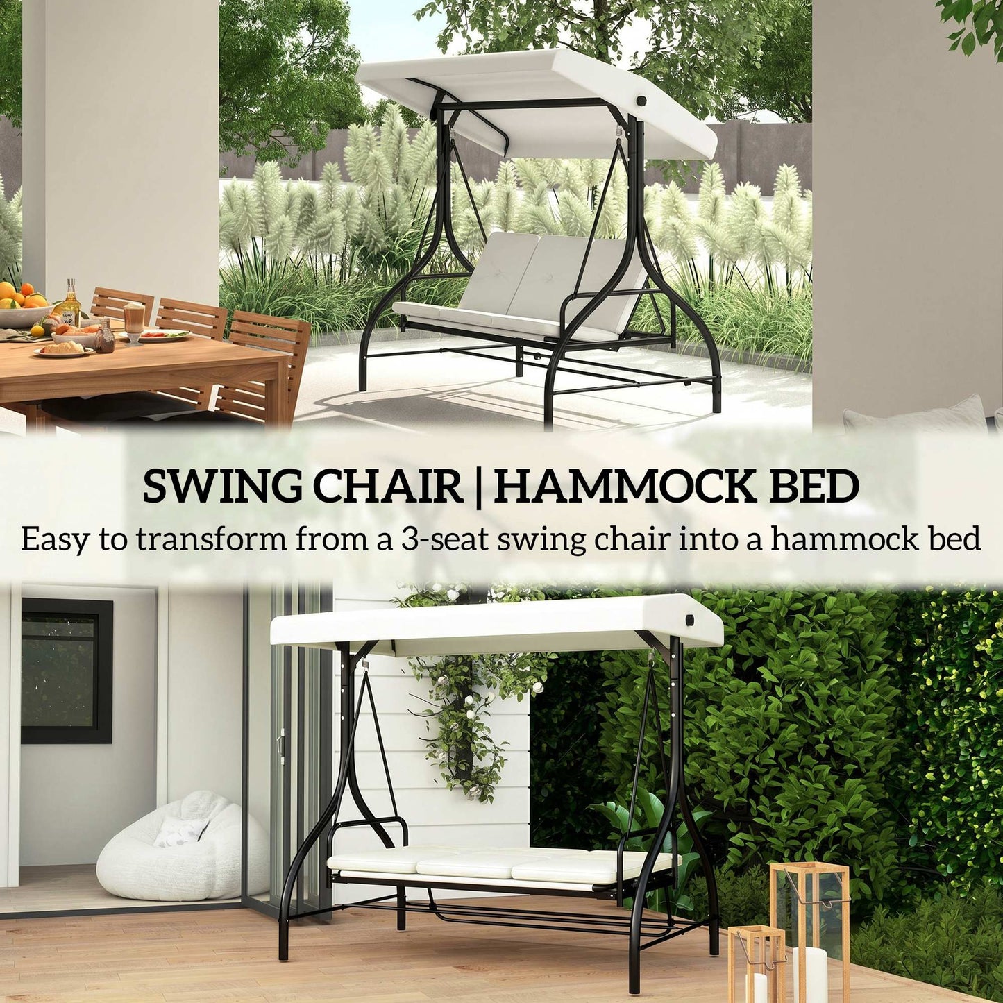 3 Seater Garden Swing Chair, 2 in 1 Convertible Patio Swing Seat Bed with Adjustable Canopy, Cushions and Metal Frame