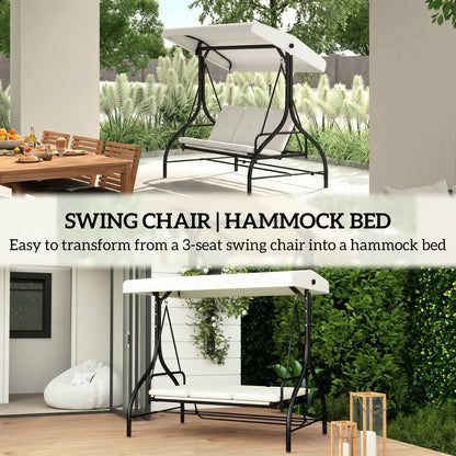 3 Seater Garden Swing Chair, 2 in 1 Convertible Patio Swing Seat Bed with Adjustable Canopy, Cushions and Metal Frame