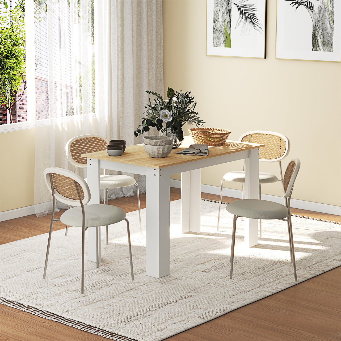 Dining Table for 4-6 People, Kitchen Table with Wood Effect for Dining Room, Oak and White