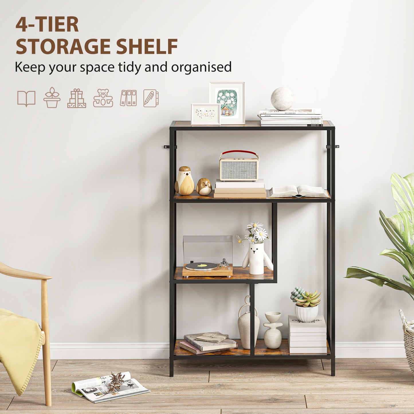 4-Tier Bookshelf with Open Shelves - Rustic Brown