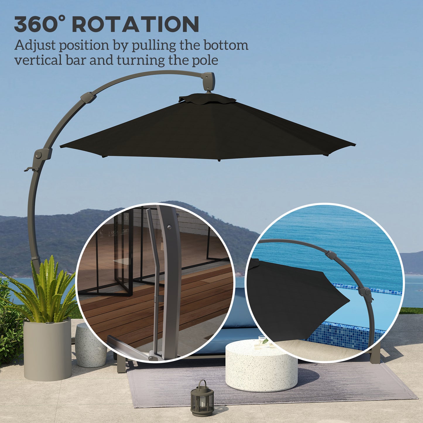 3(m) Garden Cantilever Parasol, Round Overhanging Umbrella with Crank Handle, Cross Base, Aluminium Frame and 360° Rotation