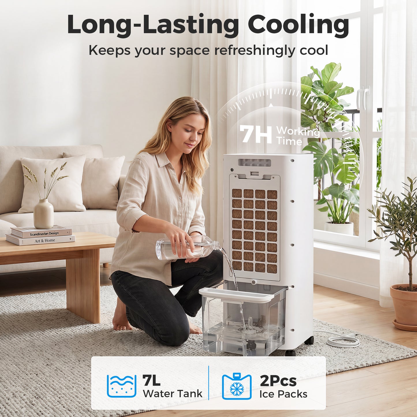 Portable Air Cooler, 3-In-1 Evaporative Air Cooler with 7 Litre Water Tank, 48° Oscillation, White