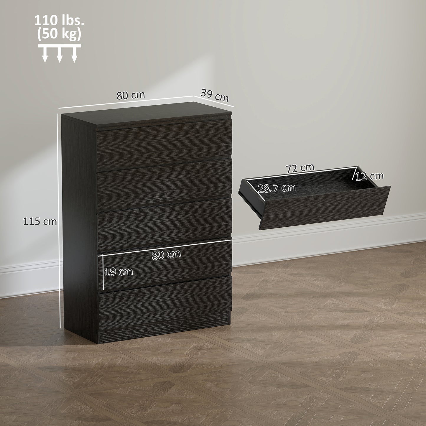 Chest of Drawers, 5 Drawer Dresser, Modern Storage Cabinet with 5 Drawers, for Bedroom, Living Room, Black