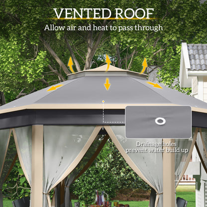 Hexagon Pop Up Gazebo Outdoor Patio Gazebo Double Roof Instant Shelter with Netting, 3 x 4m, Khaki