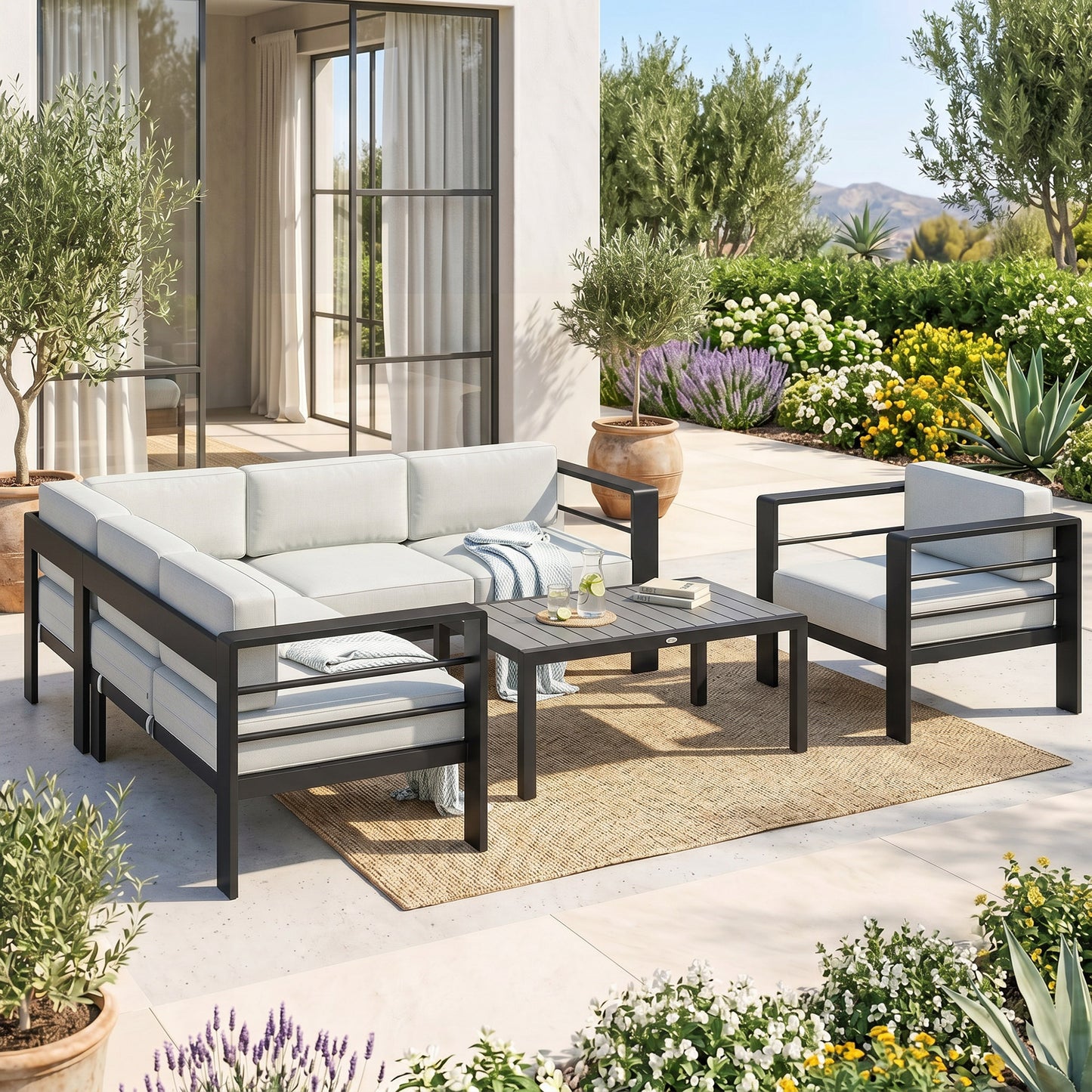 5-Piece Garden Corner Sofa Set with Cushions, 6 Seater Aluminium Garden Furniture Set with Coffee Table, Light Grey