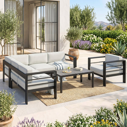 5-Piece Garden Corner Sofa Set with Cushions, 6 Seater Aluminium Garden Furniture Set with Coffee Table, Light Grey
