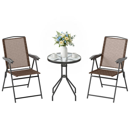 3 Piece Outdoor Bistro Set, Patio Conversation Furniture Set with 2 Folding Backrest Adjustable Armchairs and Glass Top Coffe