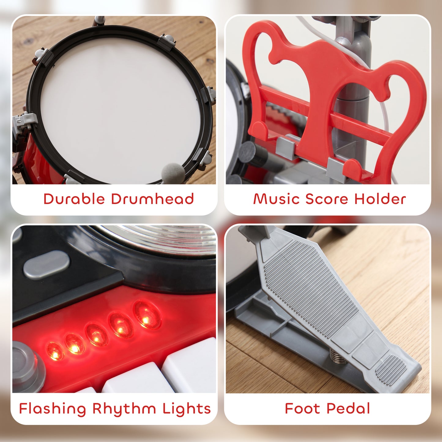 Kids Drum Set for Beginners, Drum Kit with Toy Microphone, Cymbal, Pedal & Drumsticks, Educational Musical Toy, Red