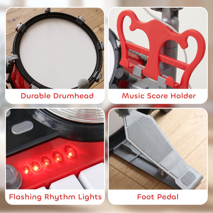Kids Drum Set for Beginners, Drum Kit with Toy Microphone, Cymbal, Pedal & Drumsticks, Educational Musical Toy, Red