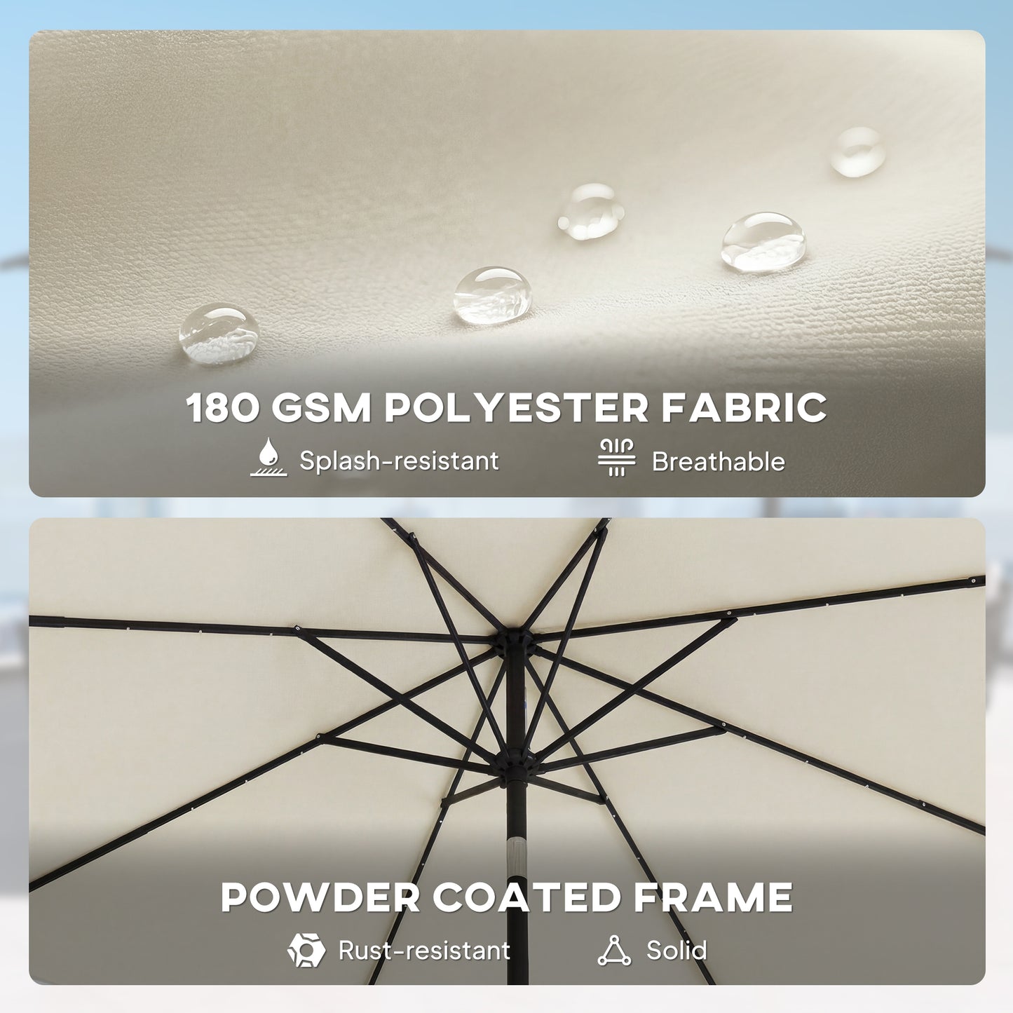 2.6 m Garden Parasol Umbrella with LED Solar Light, Parasol Cover, Outdoor Market Patio Umbrella, Cream White