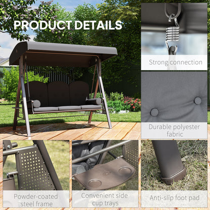 3 Seater Garden Swing Chair Outdoor Hammock Bench w/ Adjustable Canopy, Cushions and Cup Trays, Brown Steel Frame
