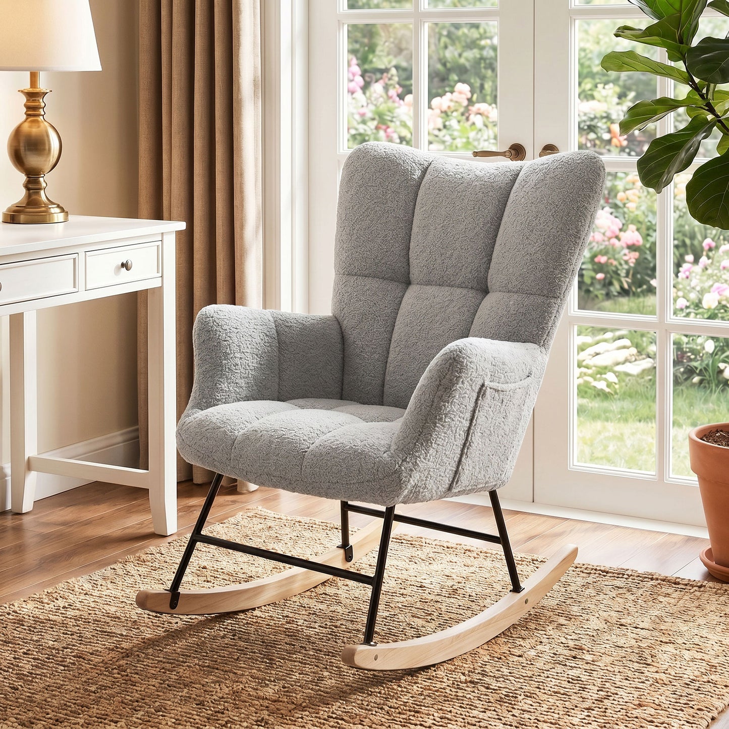 Rocking Chair, Teddy Fleece Rocker Chair with Tufted Wingback, Side Pockets, Rubber Wood Legs, Light Grey
