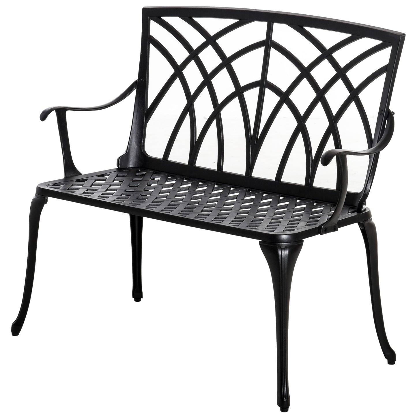 2-Seater Cast Aluminium Garden Bench Loveseat Outdoor Furniture Chair w/ Decorative Backrest & Ergonomic Armrest for Patio Te