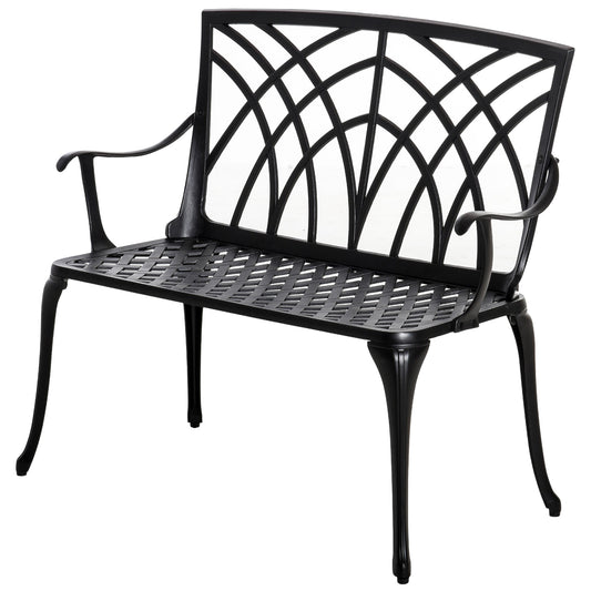 2-Seater Cast Aluminium Garden Bench Loveseat Outdoor Furniture Chair w/ Decorative Backrest & Ergonomic Armrest for Patio Te