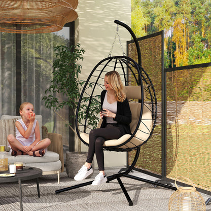 Hanging Egg Chair Outdoor Indoor Garden Swing Chair with Folding Basket, Thickened Cushion, Garden Hanging Chair with Stand