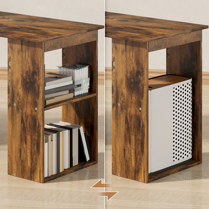 120cm Computer Desk, Wooden PC Laptop Table with 6-Tier Storage Bookshelves, Home Office Working Study Desk