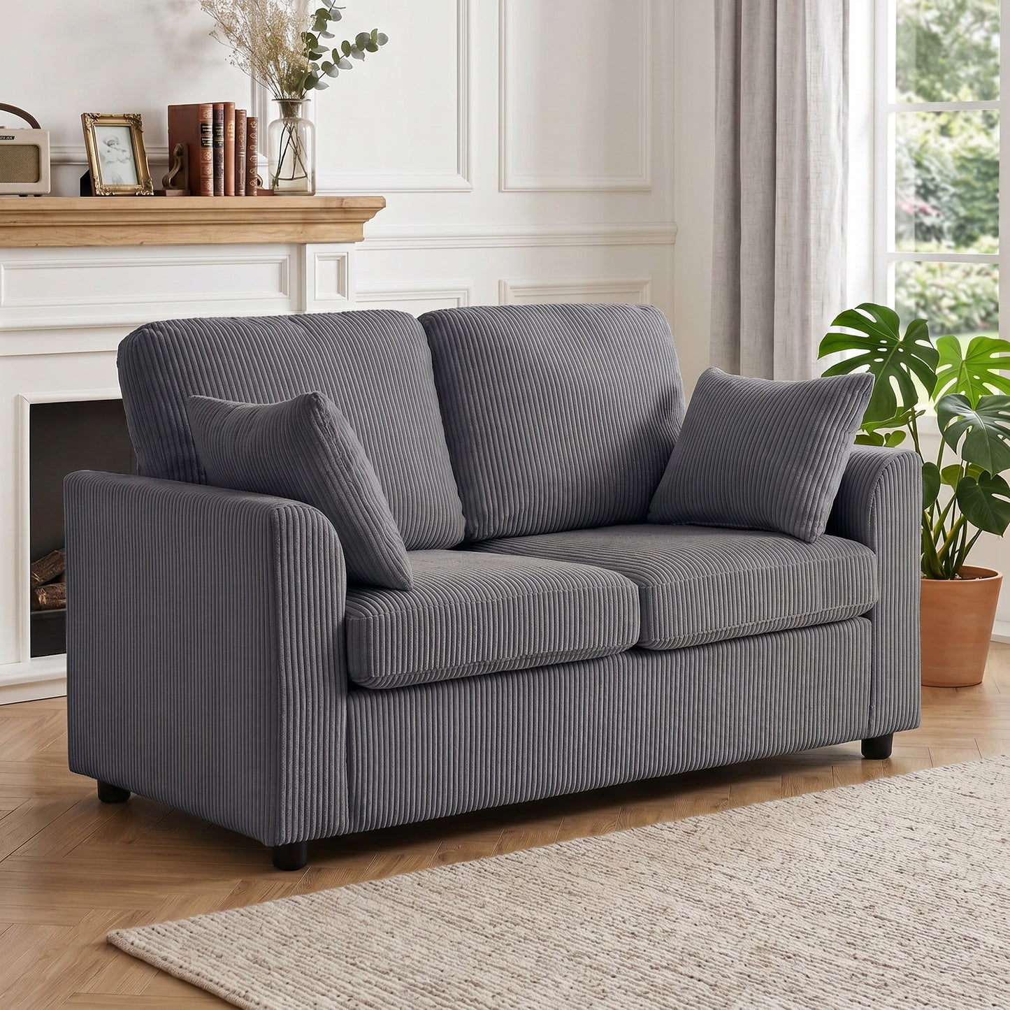 2 Seater Sofa, Corduroy Small Couch with Spring Cushion, Wide and Deep Seat, Dark Grey