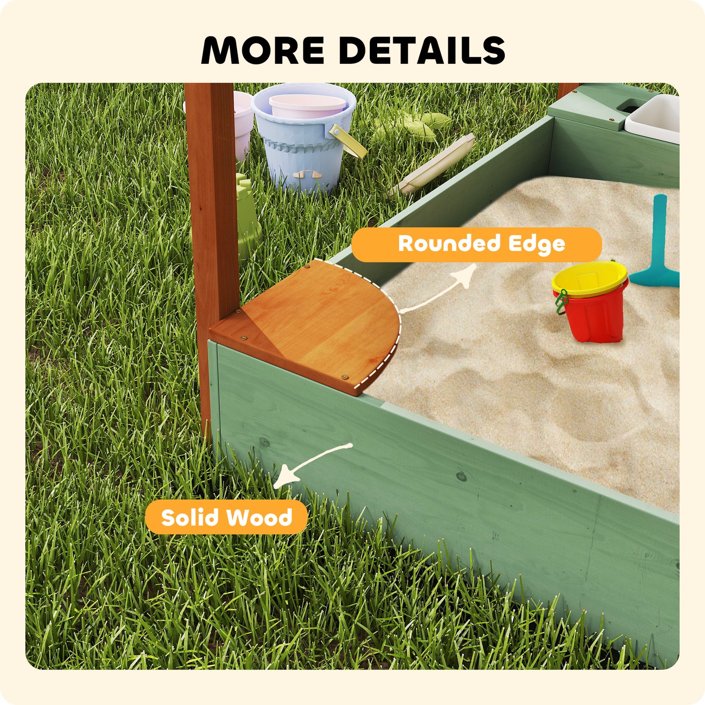 Wood Sandpit with Canopy, Storage Bins, Funnel, Liner, Chutes, Bucket with Tap, 116 x 112.5 x 128 cm, Green
