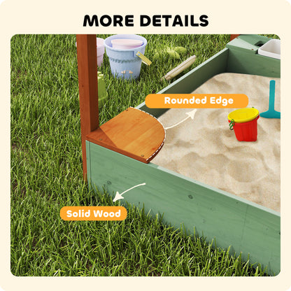 Wood Sandpit with Canopy, Storage Bins, Funnel, Liner, Chutes, Bucket with Tap, 116 x 112.5 x 128 cm, Green