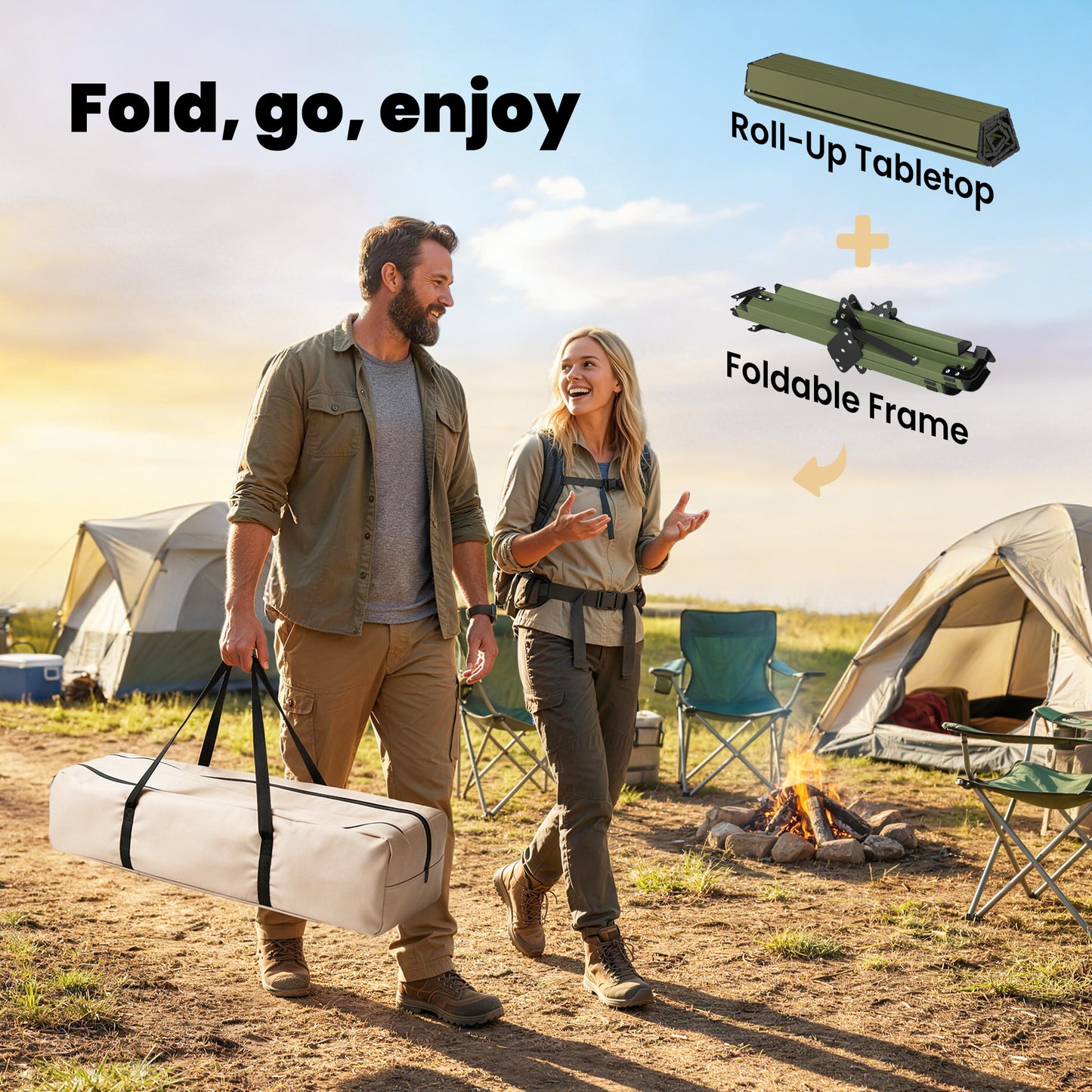 4ft Folding Camping Table, Waterproof Picnic Table with Roll Up Top, Carrying Bag and Metal Frame, Green