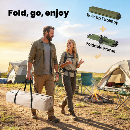 4ft Folding Camping Table, Waterproof Picnic Table with Roll Up Top, Carrying Bag and Metal Frame, Green