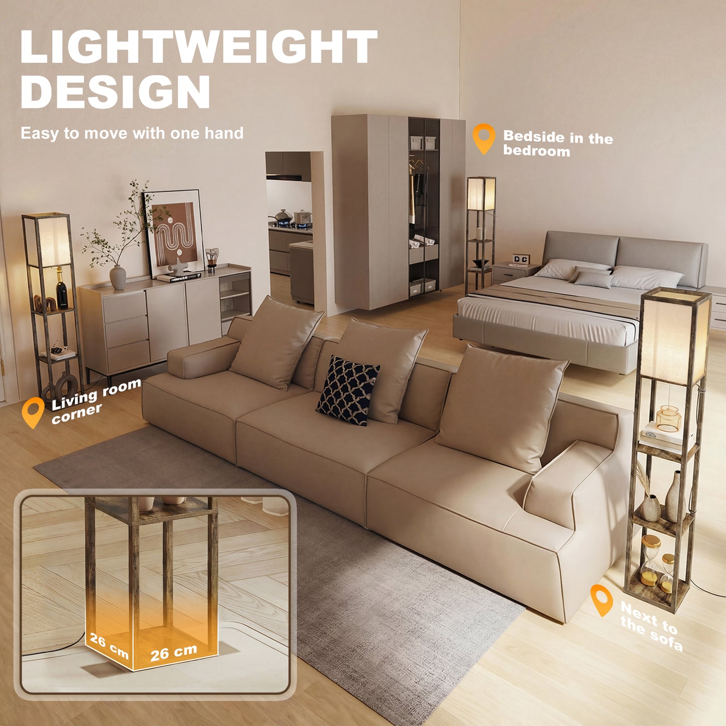3-Tier Floor Lamp with Shelves – Brown