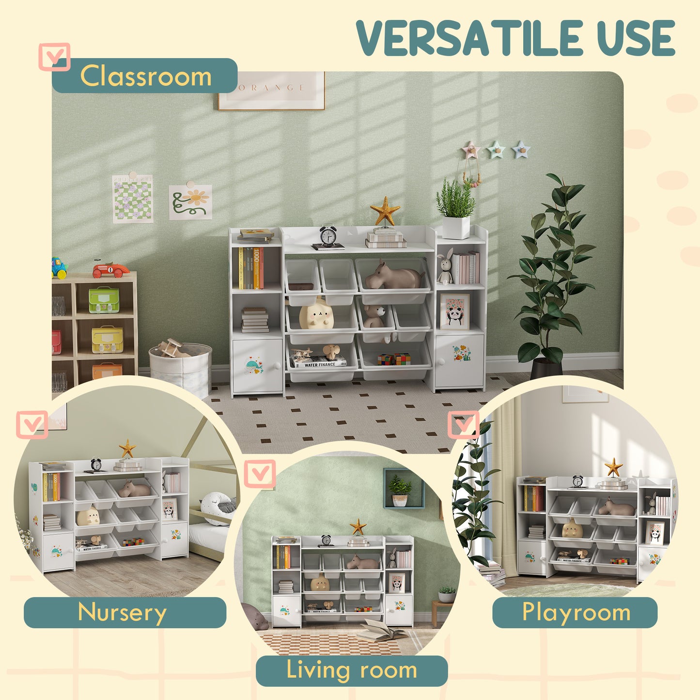 Kids Toy Organizers and Storage with 8 Removable Storage Bins and Bookshelf, White