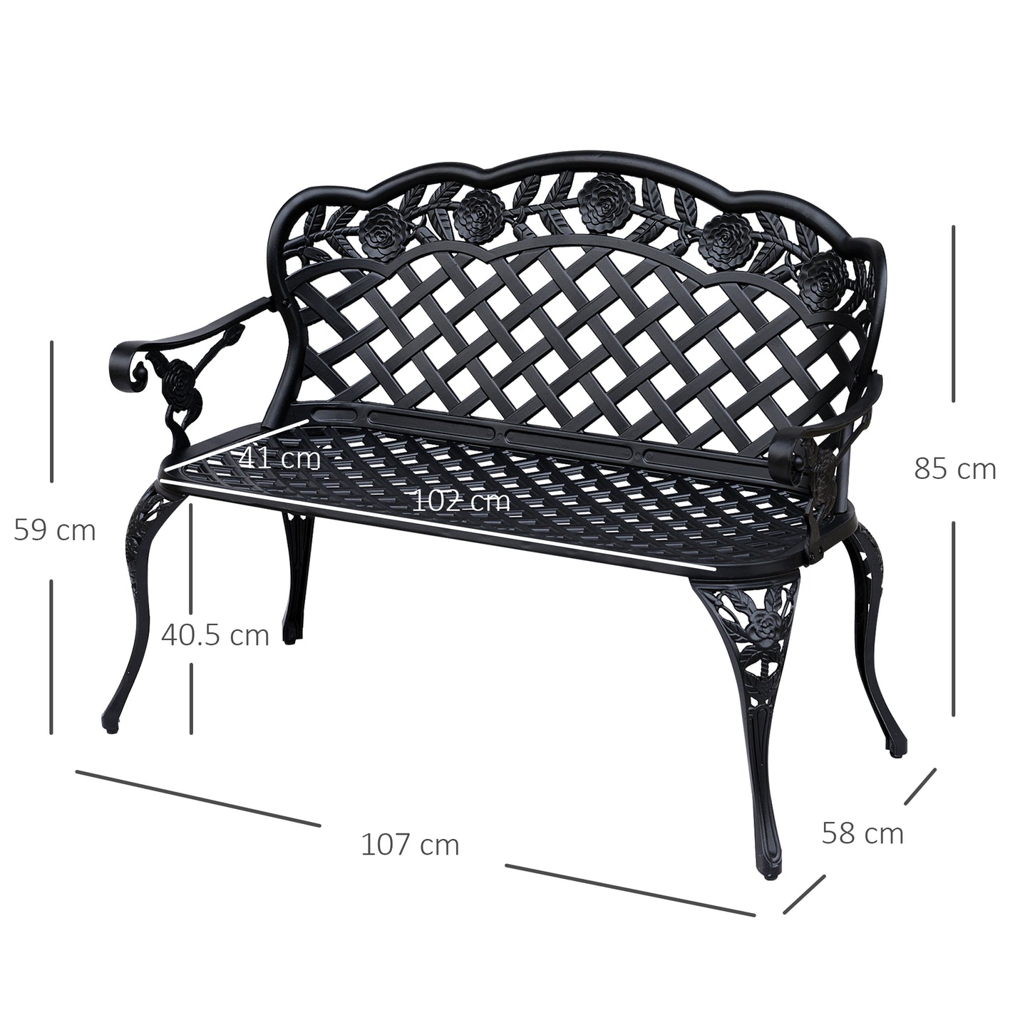 Garden Bench, Cast Aluminium, 107Lx58Wx85H cm-Black