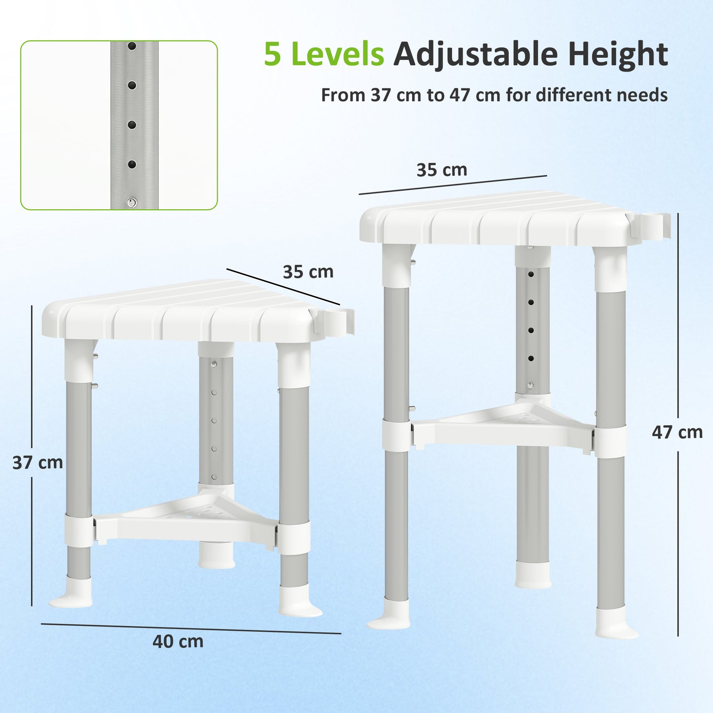 Shower Stool, Aluminium Alloy Corner Shower Chair with Storage Shelf and HDPE Seat, Adjustable Height, White