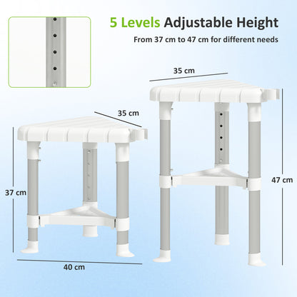 Shower Stool, Aluminium Alloy Corner Shower Chair with Storage Shelf and HDPE Seat, Adjustable Height, White