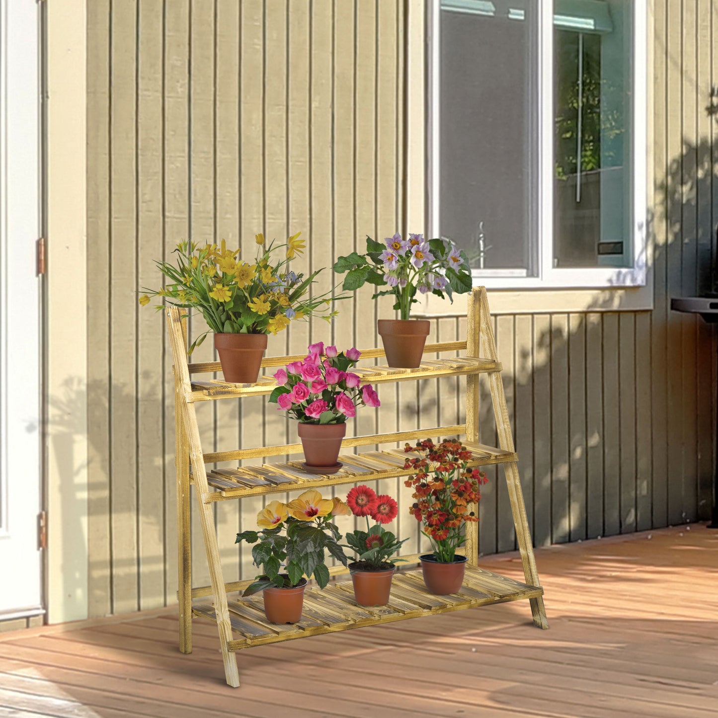 Wooden Folding Flower Pot Stand 3 Tier Garden Planter Display Ladder Gardener Storage Shelves Rack Herb Holder (100L x 37W x