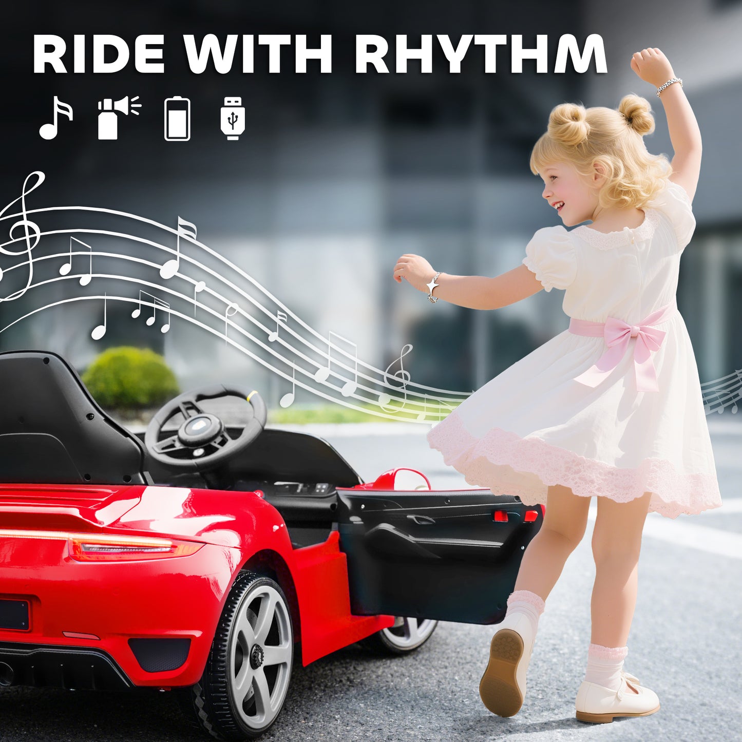 Kids Electric Car, 12V Licensed RUF GT Ride on Car with Suspension, Remote Control, Music, for 3-5 Years, Red