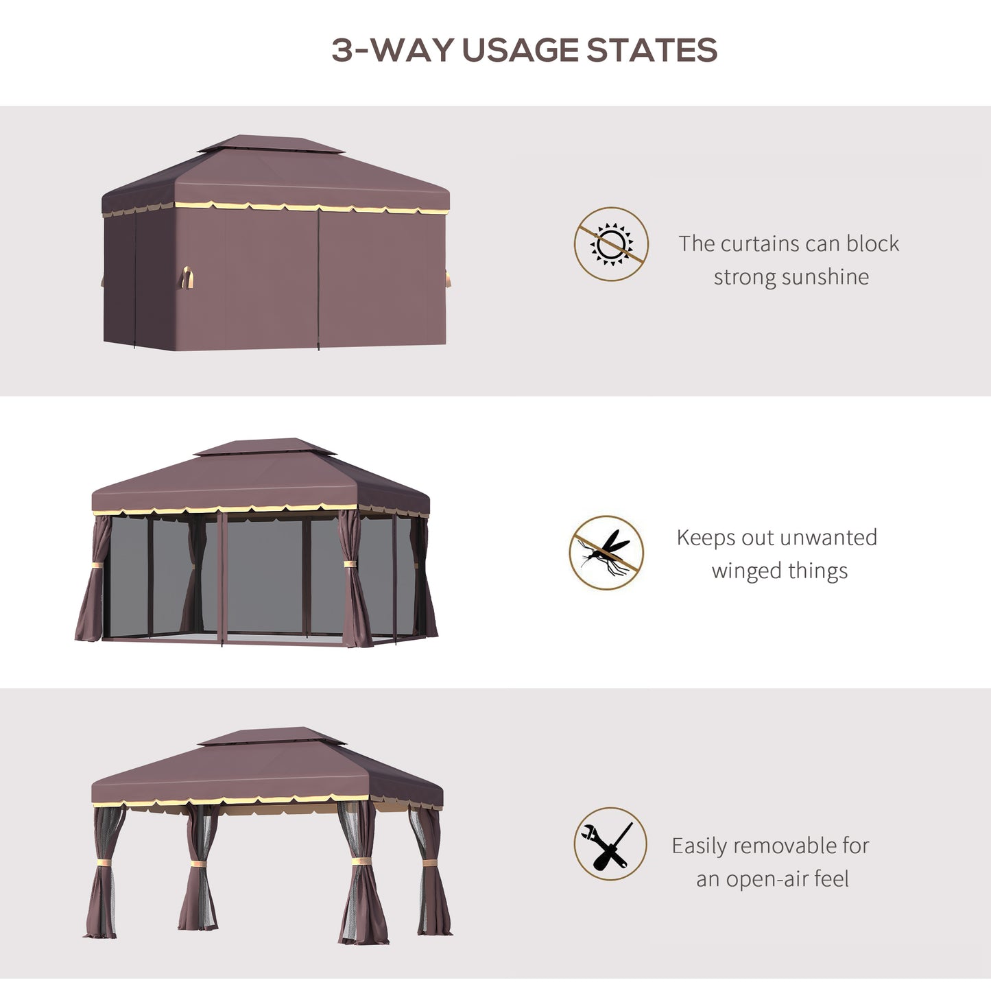 3 x 4m Aluminium Garden Gazebo, Marquee Canopy Shelter Pavilion Party Tent with Nets and Curtains for Garden and Deck, Coffee