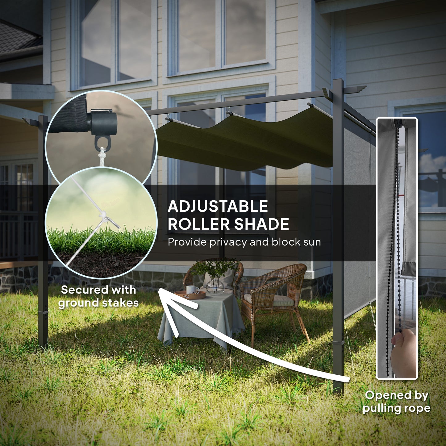 3 x 4m Metal Pergola with Retractable Roof and Roller Shade, Free Standing Garden Gazebo Canopy Pergola Kit
