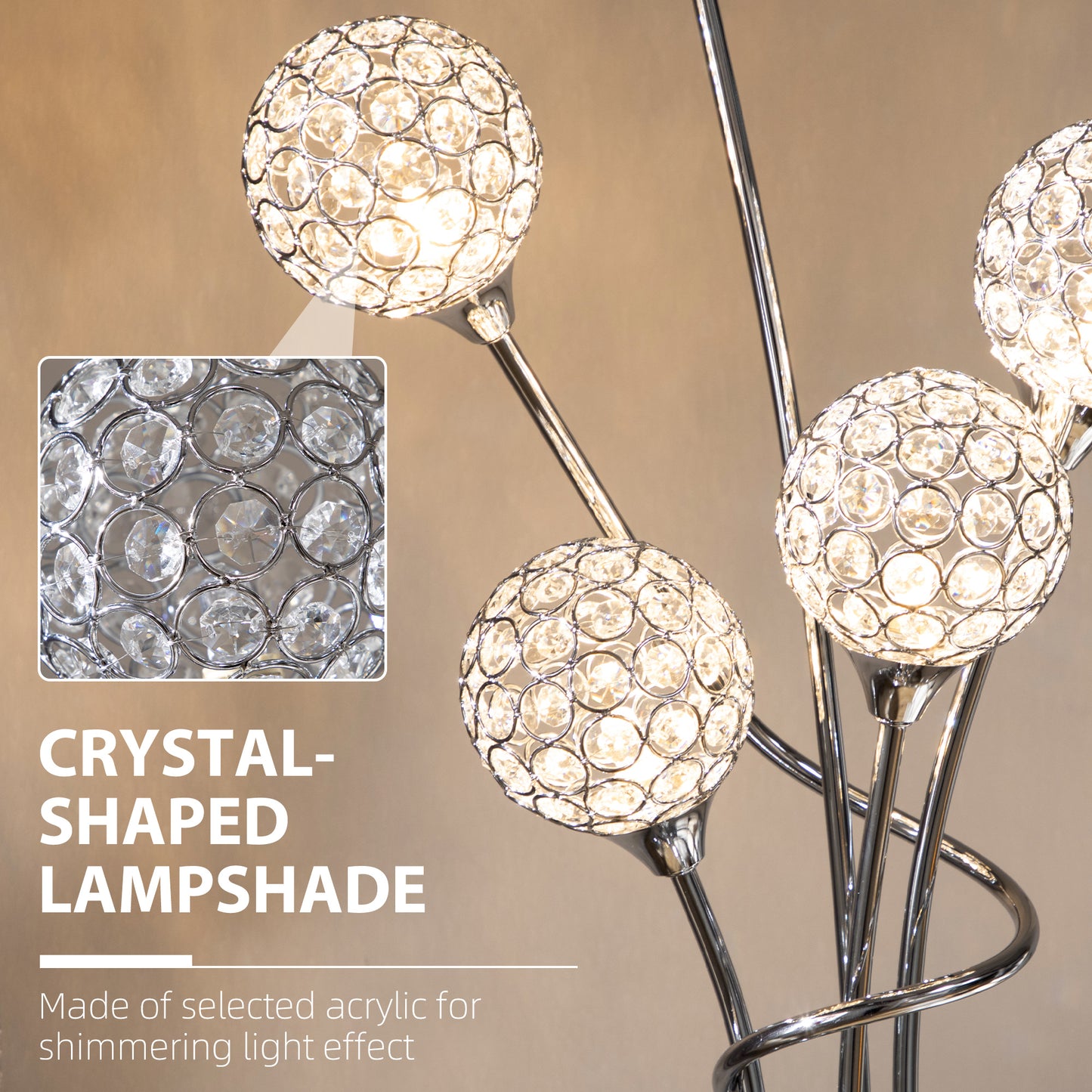 Floor Lamps for Living Room Bedroom with 5 Light, Modern Upright Standing Lamp, 34x25x156cm, Silver