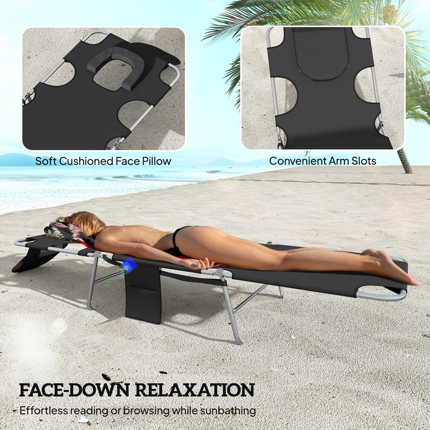 5-Position Adjustable Sun Loungers Set of 2 with Reading Hole and Side Pocket, Black