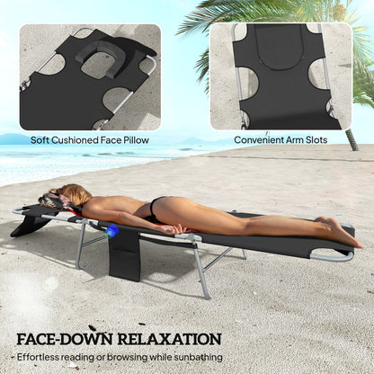 5-Position Adjustable Sun Loungers Set of 2 with Reading Hole and Side Pocket, Black