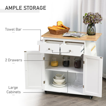 Kitchen Island on Wheels, Mobile Storage Trolley, Rolling Kitchen Cart with Rubber Wood Top, 2-Door Cabinets, 2 Drawers